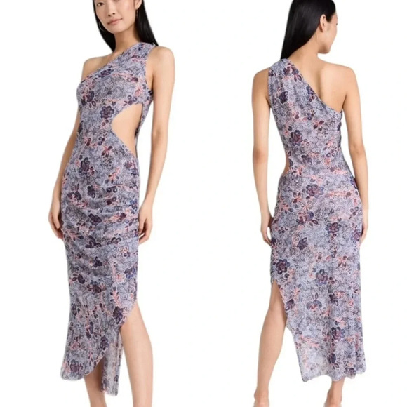 MISA Aries Mesh Cut Out Midi Dress in Feathered Floral Blue Size XL NWT - Picture 1 of 13